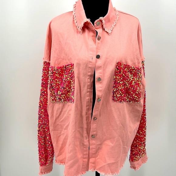 Fantastic Fawn Jackets & Blazers - Fantastic Fawn shirt jacket Shacket pink sequin size Medium oversize shirt NWOT